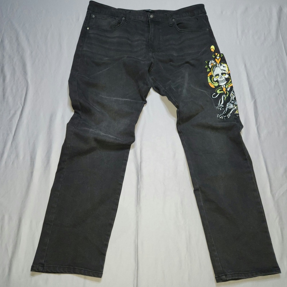 Ed Hardy Mens Black Denim Jeans Embroidered Panther Skull Tattoo Graphic 38x31